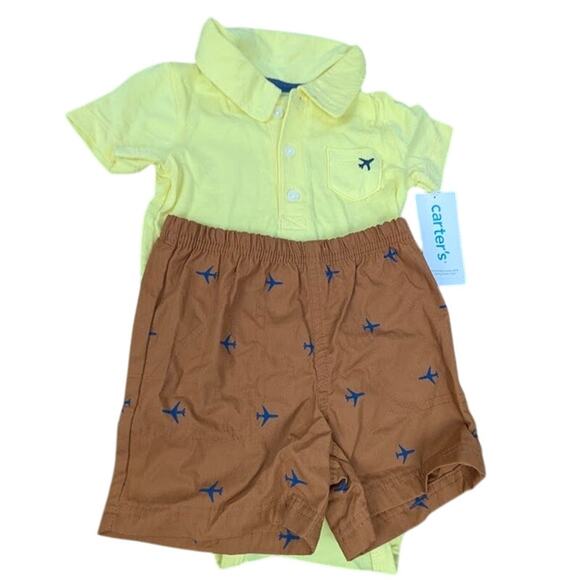 Carter's 2-Piece Polo Bodysuit & Short Set Baby Boy 12mos Yellow Brown - Picture 3 of 5